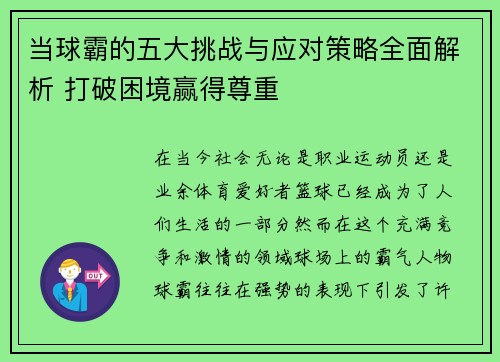 当球霸的五大挑战与应对策略全面解析 打破困境赢得尊重