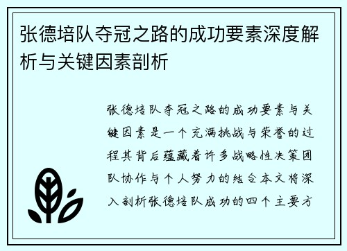 张德培队夺冠之路的成功要素深度解析与关键因素剖析