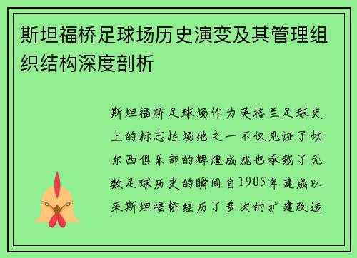斯坦福桥足球场历史演变及其管理组织结构深度剖析